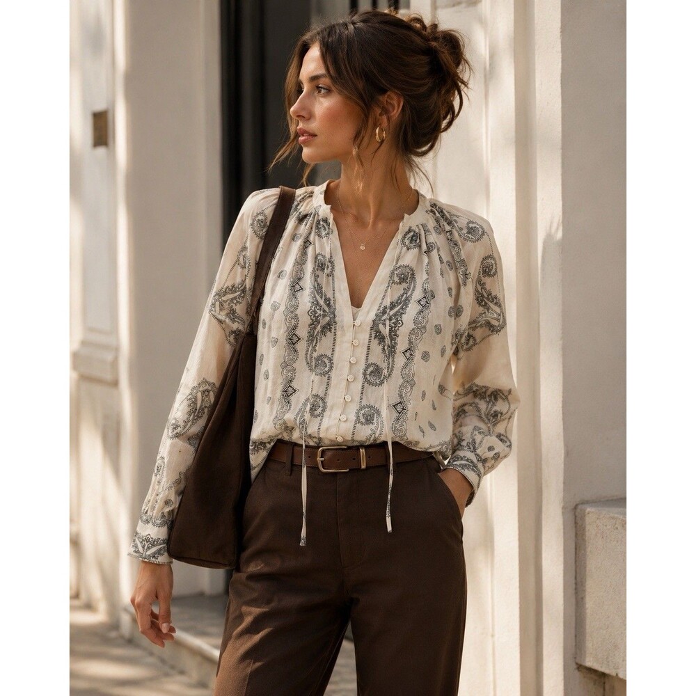 J Crew Ramie Popover Top Womens M Cream Bandana Paisley Blouse Boho CU491